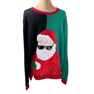 Holiday Time Men's Santa Ugly Christmas Sweater Naught Nice Green Red Size 2XL